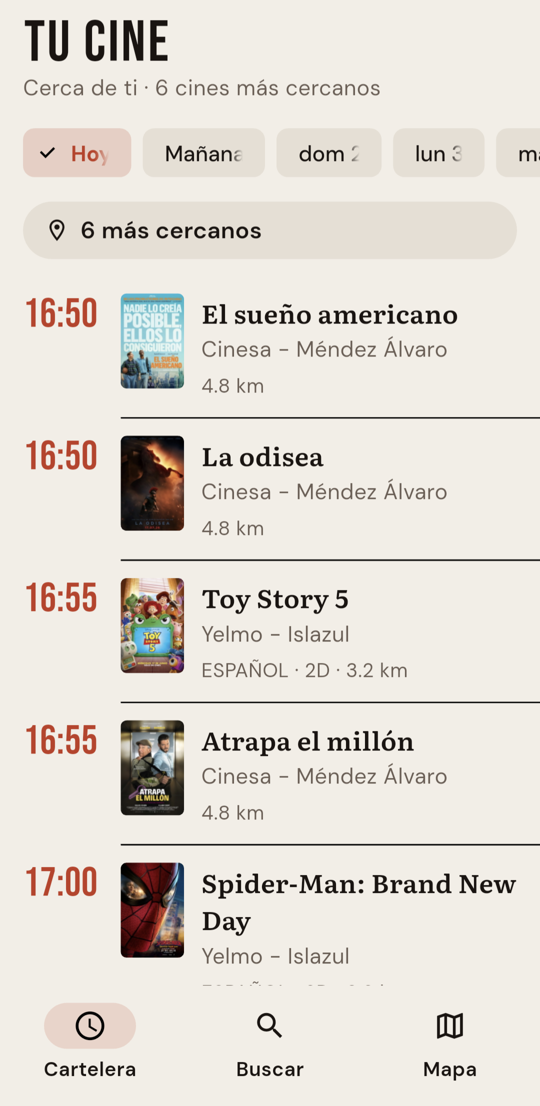 Cartelera: sesiones cerca de ti por día