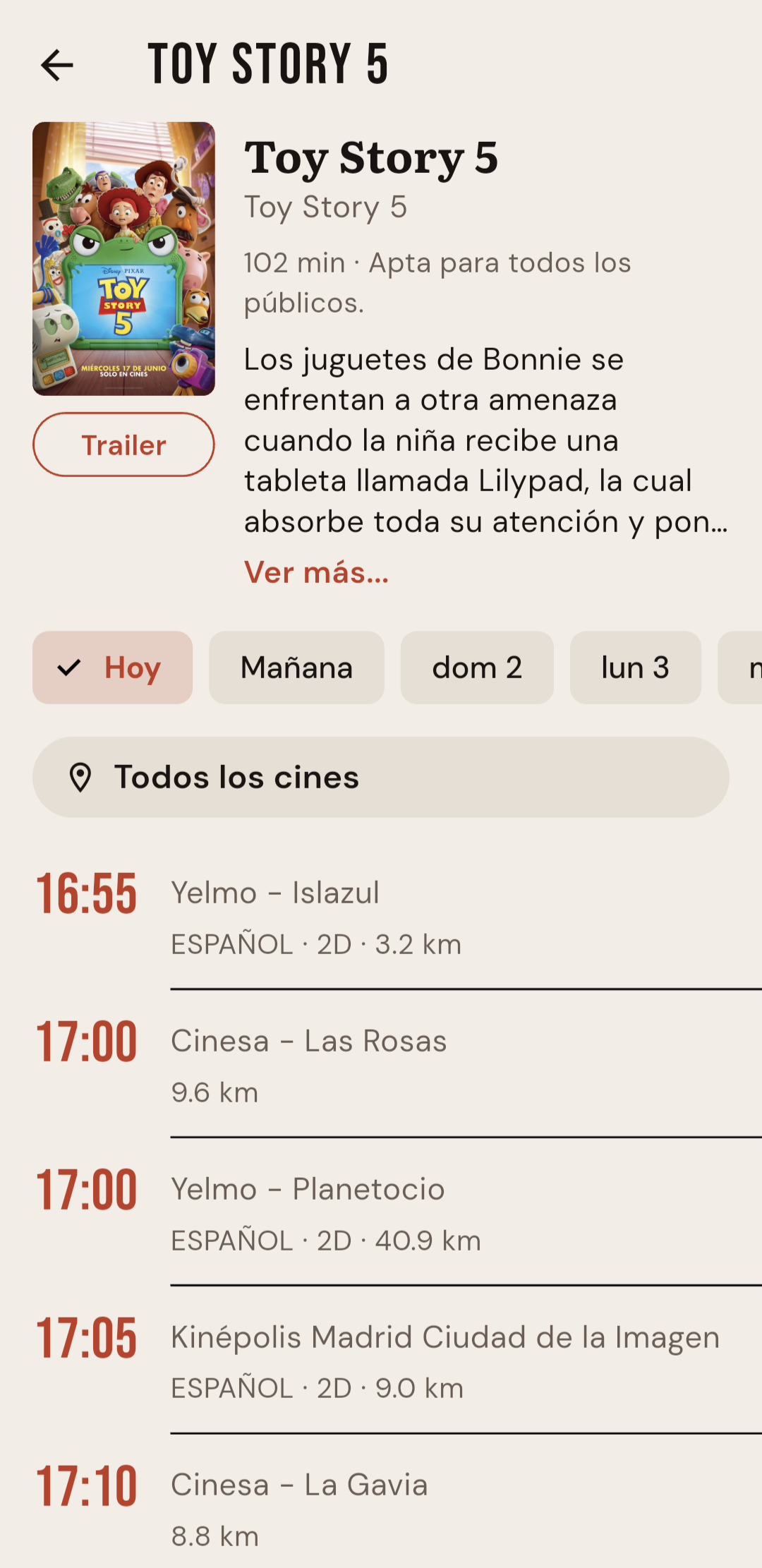 Detalle de película y sesiones